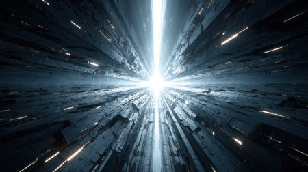 Stunning beams of light burst from a dark corridor filled with intricate, geometrical structures, creating a sense of depth and wonder in a sci-fi scene.の素材