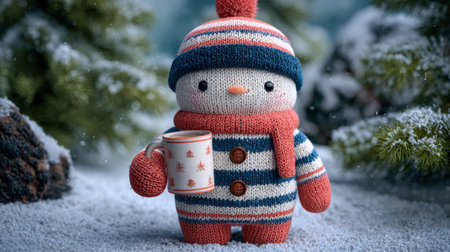 A handmade snowman stands in a snowy forest, wearing a striped hat and scarf while joyfully holding a festive mug.の素材