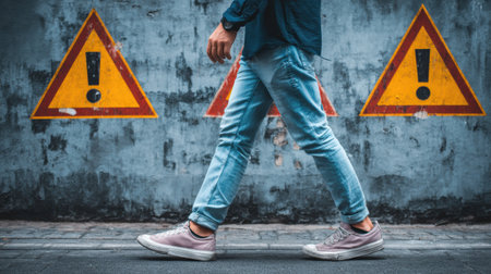 A person strides down a city street, passing by two yellow warning signs on a weathered wall, highlighting urban life and the need for caution.の素材