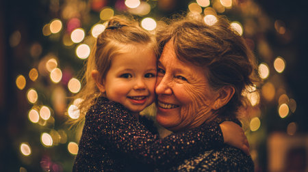 A young girl smiles happily while being hugged by her grandmother in a warm holiday setting, surrounded by sparkling lights and decorations.の素材