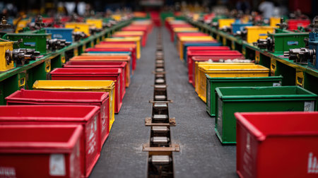 Brightly colored bins fill the scene, neatly lined up along a conveyor at an industrial location, reflecting an active work environment in the afternoon.の素材