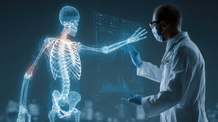 A medical expert uses technology to analyze a holographic skeleton in a modern laboratory, showcasing advanced medical visualization techniques.の素材