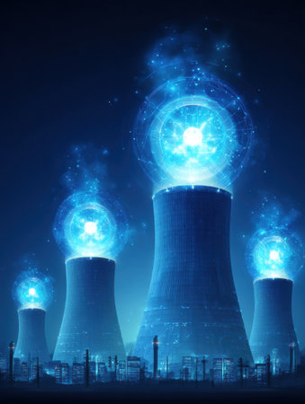 Cooling towers glow with blue light against a dark city skyline, creating a captivating and futuristic scene at night, reflecting innovation and technology.の素材