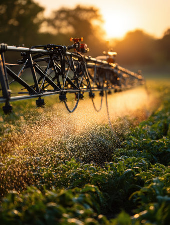 Farm machinery sprays water on crops during sunset, highlighting the beauty of agriculture. The mist rises as sunlight bathes the field in golden light.の素材