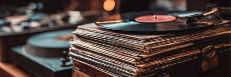 Stacks of classic vinyl records rest beside turntables in a warm and inviting music space, creating a nostalgic atmosphere perfect for listening.の素材