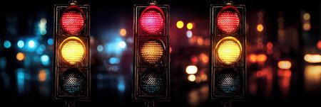 Bright traffic lights signal vehicles at an intersection in a vibrant city scene, creating a lively atmosphere at night with blurred motion in the background.の素材