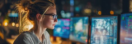 Dedicated young woman engages in work at her desk surrounded by glowing computer screens filled with data, displaying concentration and skill late at night.の素材