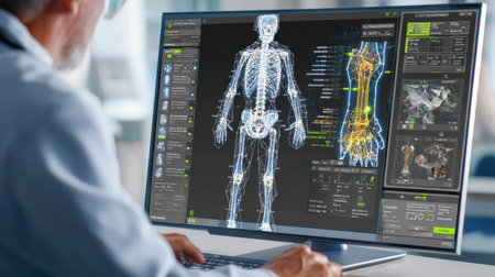 A medical professional examines a high-resolution display showing a detailed skeletal structure and various anatomical features.の素材