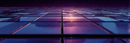 A stunning view of solar panels arranged in a grid, capturing the vibrant colors of a sunset, highlighting renewable energys potential and beauty.の素材