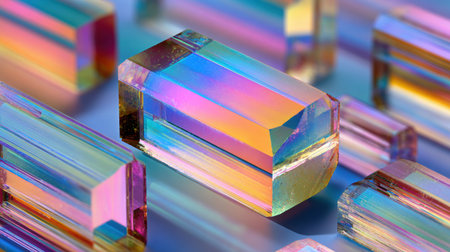 Intricate crystals with a rainbow of colors are arranged closely together, creating a mesmerizing visual effect against a polished background.の素材