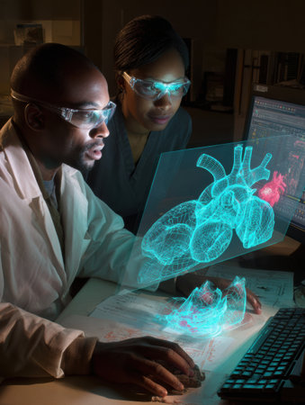Two healthcare specialists observe a digital heart model projected in a lab, engaged in detailed discussions about anatomy and medical technology.の素材