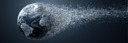 A sphere depicting the Earth breaks apart into fragments, creating a visual representation of environmental shifts and challenges.の素材