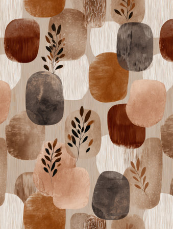 This artwork showcases a blend of organic shapes in warm earthy tones, enhanced by delicate botanical motifs for an appealing aesthetic.の素材