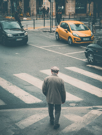A man dressed in a gray suit and cap crosses a street filled with traffic, as other pedestrians navigate the urban setting on a bright day.の素材