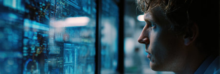 An individual intently observes various data screens filled with graphics and information in a contemporary office setting at dusk.の素材