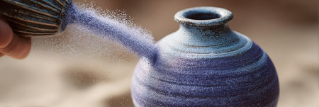 A person gently pours fine purple sand onto a textured ceramic vase outdoors, capturing a moment of artistic creation in a sunny environment.の素材