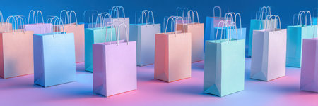 Shopping bags in pastel colors fill the scene, creating a lively atmosphere against a bright blue and pink backdrop, ideal for a retail display.の素材
