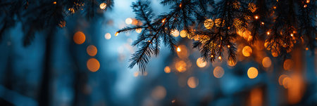 Snowy winter evening showcases glowing pine branches adorned with fairy lights, creating a warm atmosphere in a picturesque neighborhood setting.の素材