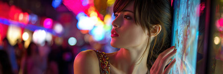 A woman leans against a wall, gazing thoughtfully as vibrant lights illuminate the evening street scene filled with people.の素材