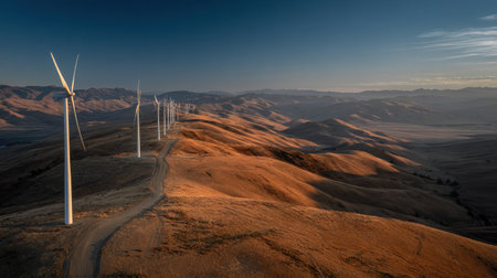Rolling hills bathed in warm light feature wind turbines that symbolize sustainable energy, creating a peaceful and scenic morning view of nature.の素材