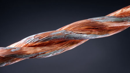 Close-up view of a twisted copper wire demonstrating its intricate texture and shiny surface under controlled lighting.の素材