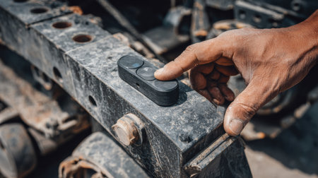 A hand presses a remote control button on heavy equipment at a construction site. Dust and tools surround the machinery under bright daylight.の素材