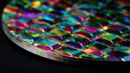 The surface displays a series of colorful geometric shapes, reflecting bright light in shades of rainbow, creating an eye-catching visual effect.の素材