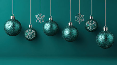 Hanging decorations in teal and silver, featuring shiny ornaments and snowflakes, add a vibrant touch to a holiday setting in an indoor space.の素材