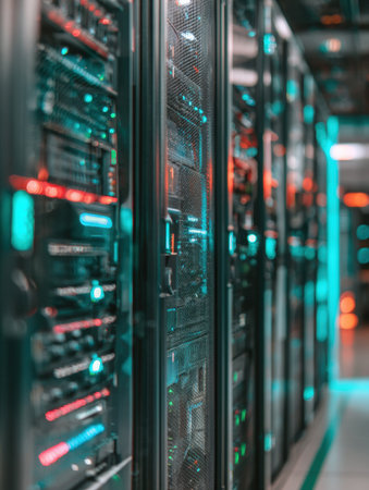 Sleek server racks with glowing LEDs showcase advanced technology and organization in a modern data center.の素材