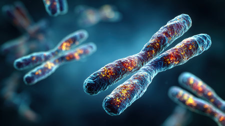 This artwork depicts chromosomes, highlighting their structure and genetic connectivity in cell division, emphasizing biology.の素材