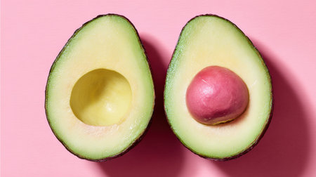 This picture showcases a halved avocado with a vivid pink background, highlighting its creamy flesh and round seeds, ideal for healthy meals and snacks.の素材