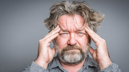 A middle-aged man with a beard shows signs of stress by rubbing his temples, conveying a sense of frustration in a simple setting.の素材