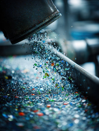 Brightly colored fragments of recycled materials pour from a container onto a flat surface within a processing plant during an active work shiftの素材