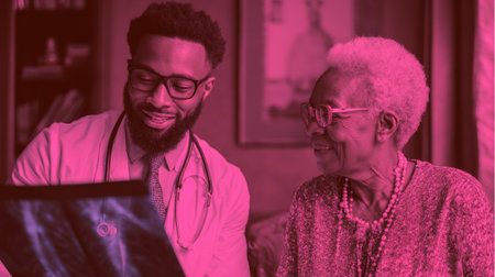 A doctor is attentively explaining x-ray results to an elderly woman in a warm and inviting room, focused on her health and well-being.の素材