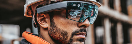 A construction worker in a hard hat and smart glasses reviews data on-site, increasing safety and efficiency in a busy urban area.の素材