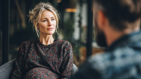 A pregnant woman sits comfortably in a chair, having a deep conversation with a man, both appearing engaged and thoughtful in a stylish indoor space.の素材