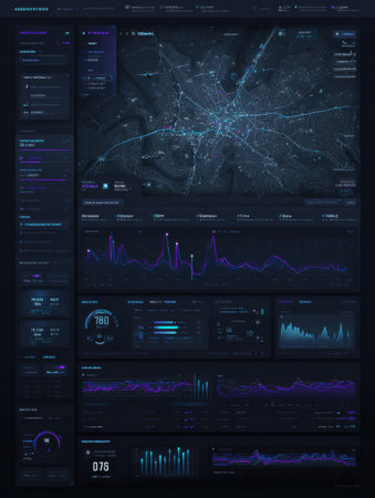 A modern dashboard offers real-time insights into urban transportation with metrics, maps, and analytical graphs.の素材