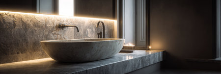 A stylish bathroom features a large stone basin on a polished countertop.の素材