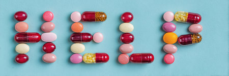 Colorful capsules form the word help on a blue background, emphasizing the importance of drug awareness and health communication.の素材