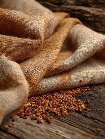 A warm-toned fabric lies softly over a weathered wooden surface, with small seeds scattered around, creating a cozy, rustic atmosphere.の素材