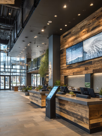 A stylish lobby with a natural wood accent wall, contemporary furniture, and digital screens, creating a welcoming atmosphere for guests in a modern hotel.の素材
