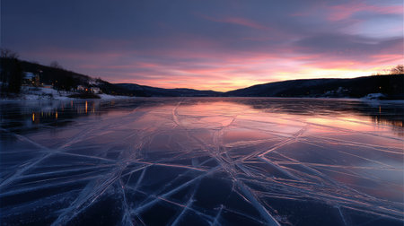 Relaxing view of a frozen lake at sunset, featuring delicate ice patterns and vibrant colors in the sky, reflecting the tranquility of winter.の素材