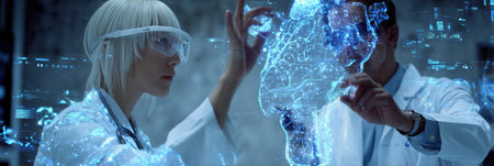 Two researchers in lab coats interact with a holographic interface showing digital data, illustrating a cutting-edge scientific visualization process.の素材