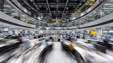 A busy office space features many workstations and employees focused on their tasks, surrounded by large screens displaying data and news.の素材