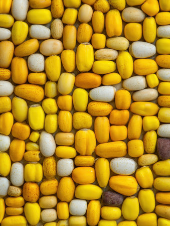 A collection of various yellow and white pebbles is beautifully arranged, creating a striking mosaic effect, with shining surfaces reflecting light.の素材