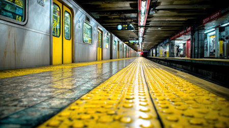 A subway station platform showcases bright yellow train doors, glossy wet tiles, and overhead lights reflecting in the evening atmosphere, inviting travelers.の素材