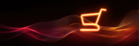 A vibrant shopping cart symbol shines with neon light amidst flowing waves of color, emphasizing the essence of online shopping and digital commerce.の素材