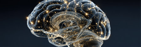 A realistic brain model with shimmering neural pathways and glowing connections, highlighting brain activity against a dark backdrop.の素材