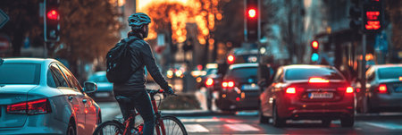 A cyclist pauses at a traffic signal amidst bustling vehicles as the sun sets, casting warm colors on the city landscape.の素材
