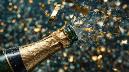 A champagne bottle erupts with sparkling droplets and golden confetti, creating a lively atmosphere during a celebration at an event.の素材